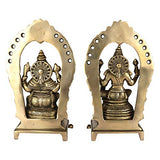 Brass Laxmi-Ganesha idol, back view with halo design and seated figure