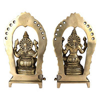 Brass Laxmi-Ganesha idol, back view with halo design and seated figure