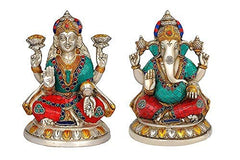 Lakshmi- und Ganesha-Idol aus Messing, zwei Figuren, goldfarbene Details, bunte Gewänder