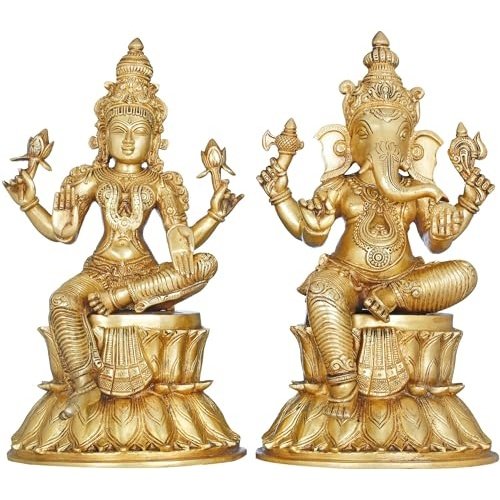Brass Ganesha Lakshmi idol, 14 inch, seated with four arms and lotus base