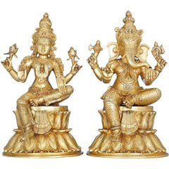Brass Ganesha Lakshmi idol, 14 inch, seated with four arms and lotus base