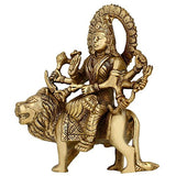 Brass Maa Durga on lion statue, standing pose with circular halo, 6 in