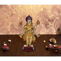 Messing-Dhanvantri-Idol, 11 Zoll, braun-goldene mehrarmige Figur mit rotem Sockel