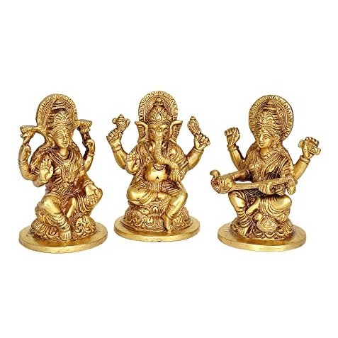 5-inch brass Lakshmi, Ganesha and Saraswati idols, front view—three standing figures