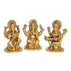 5-inch brass Lakshmi, Ganesha and Saraswati idols, front view—three standing figures