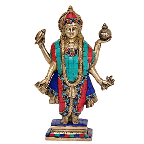 Brass Dhanvantri idol with stone work, turquoise and red robe, raised hands, 11 inch