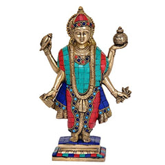 Brass Dhanvantri idol with stone work, turquoise and red robe, raised hands, 11 inch