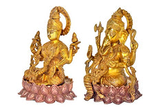 Brass Ganesha Lakshmi idol on pink lotus, ornate details, two standing figures