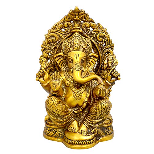 Handcrafted brass Ganesha idol, seated with ornate crown and trunk raised