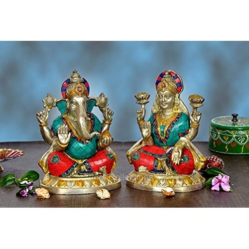 Lakshmi- und Ganesha-Idol aus Messing, bunte Gewänder, doppelte Figurengruppe