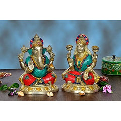 Lakshmi- und Ganesha-Idol aus Messing, bunte Gewänder, doppelte Figurengruppe