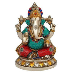 Ganesha-Idol aus Messing mit erhobenen Armen, türkis-grünes und rotes Gewand