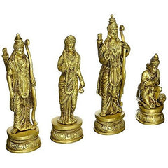 Brass Ram Darbar figurines set: four standing deity statues on round bases