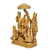 Brass Rama Darbar figurine, front view with seated deities and umbrella canopy