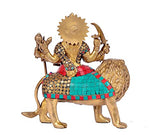 Brass Mother Durga inlay statue on lion, teal-red gemstone-style detailing