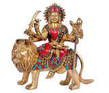 Brass Mother Durga inlay statue, front view seated on lion with decorative ornaments