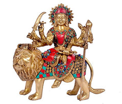 Brass Mother Durga inlay statue, front view seated on lion with decorative ornaments