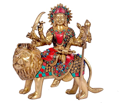 AONA Brass Mother Goddess Durga Sitting On Lion Inlay Work Height 10 Inches