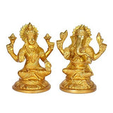 Brass Ganesha & Lakshmi murti pair, front view, raised arms and ornate crowns