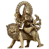 Brass Maa Durga figurine on lion, detailed jewelry and striped skirt, 6 in