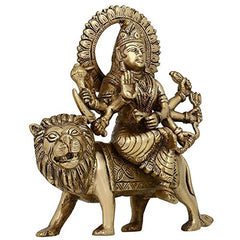 Brass Maa Durga figurine on lion, detailed jewelry and striped skirt, 6 in
