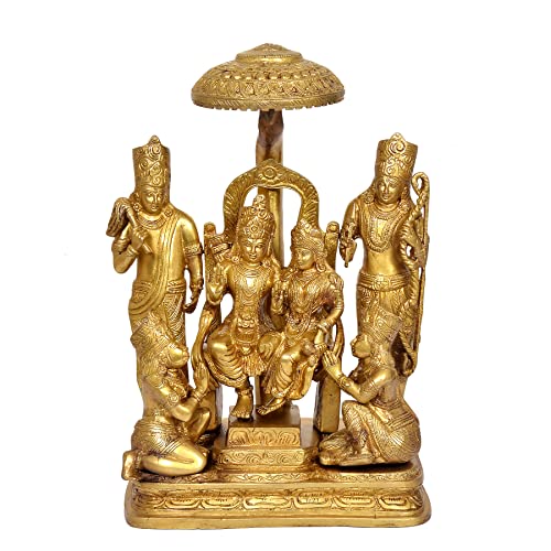 Brass Rama Darbar figurine set with family under ornate umbrella, 15.5 in