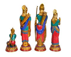 Brass darbar figurines from side: 3 standing statues with staff, plus small seated figure