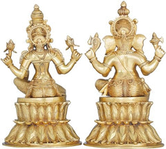 Brass Ganesha Lakshmi idol, 14 inch, seated on lotus with raised four arms