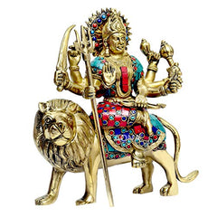 Brass Durga idol with multi-armed pose, jeweled blue/red outfit, seated on lion