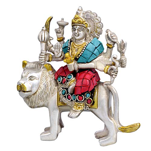 Brass Mother Durga on lion, Silver (Height 5 Inches)