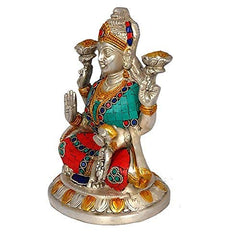Ganesha-Idol aus Messing in Gebetshaltung, Hände zusammen, türkis und rot