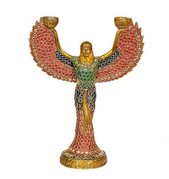 Brass Egyptian ISIS candle holder figurine, raised arms and winged crown, 12-inch