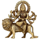 Brass Maa Durga statue on lion, multiple arms, 6 in height