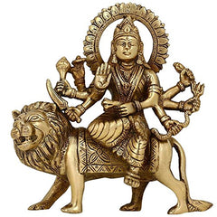 Brass Maa Durga statue on lion, multiple arms, 6 in height