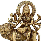 Maa Durga brass statue on lion with raised hands, arched halo, 6 in