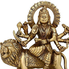 Maa Durga brass statue on lion with raised hands, arched halo, 6 in