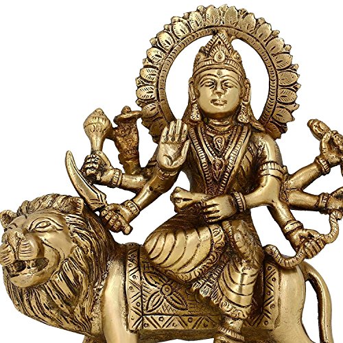 Brass Maa Durga On Lion Statue - (Height 6") Entryway Setting
