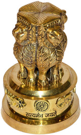 Brass Ashoka pillar lion emblem memento, front view of two lions with decorative top