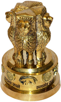 Brass Ashoka pillar lion emblem memento, side view with lion figures and wheel motifs