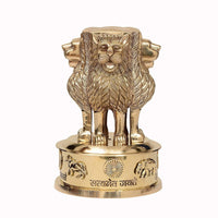 Brass Ashoka pillar lion emblem memento, full front view on round pedestal